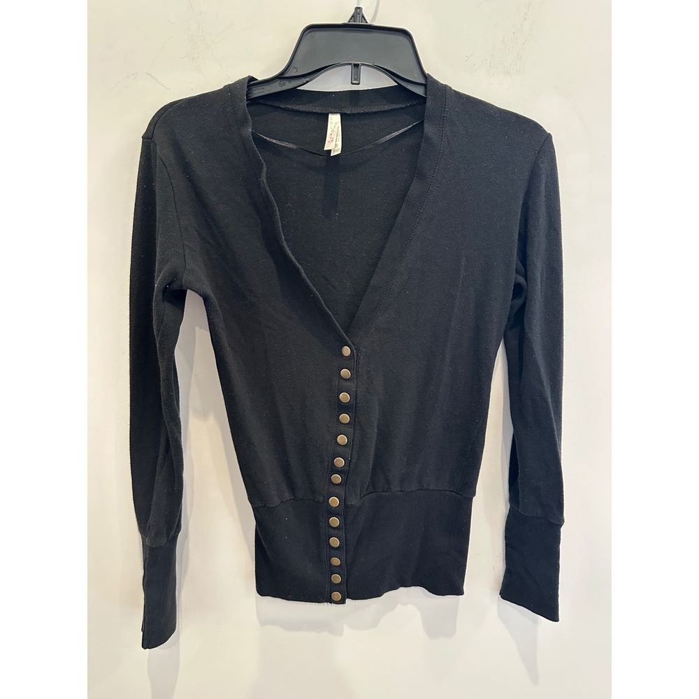 Color Story Black Snap Front V-Neck Ribbed Long Sleeve Top Size Small